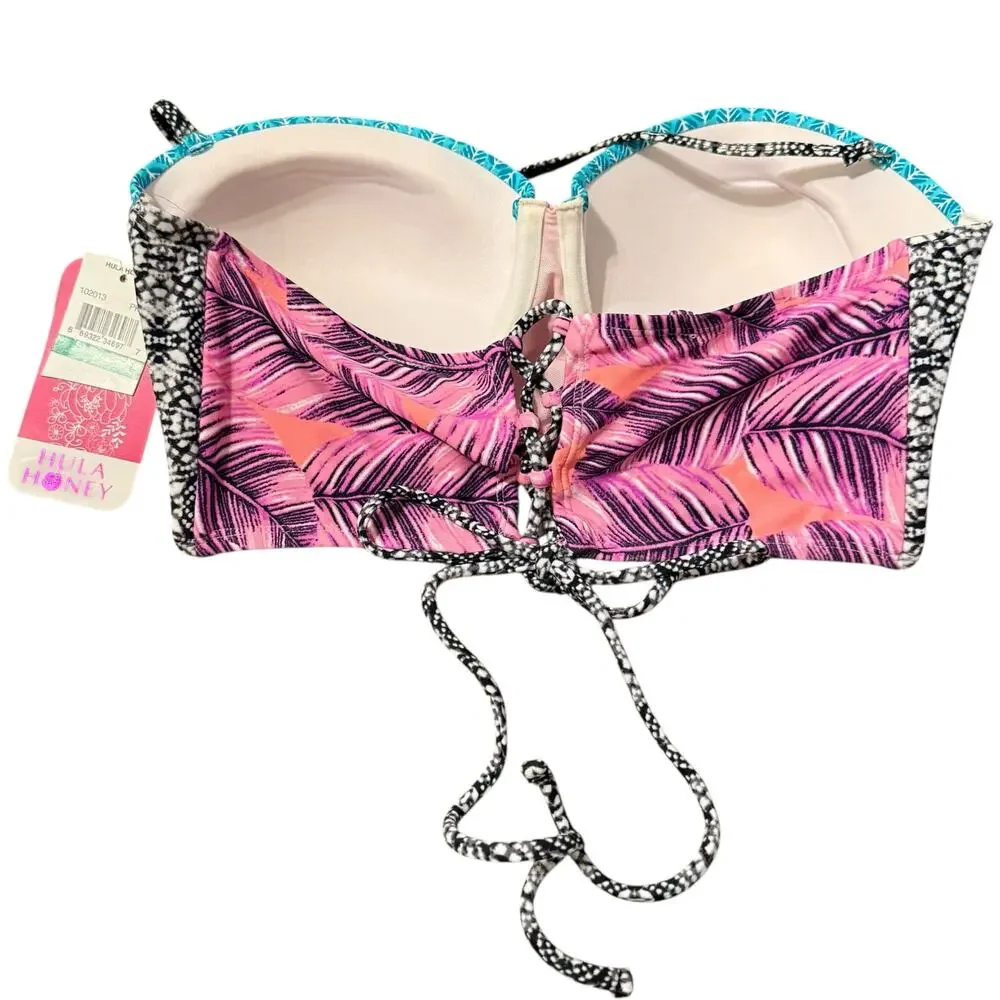 NWT hula honey pink and teal floral tropical print push up swim top size L